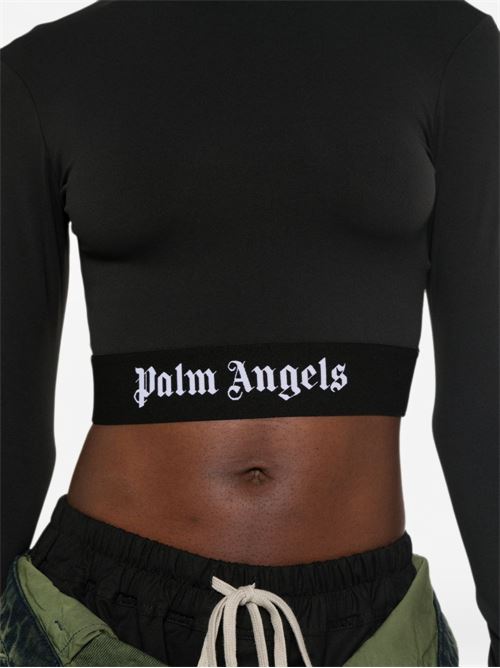 Top cropped Palm Angels da donna nero a maniche lunghe con logo bianco PALM ANGELS | PAWVO005FB0011010